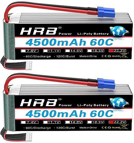 HRB 6S Lipo Akku 22,2V 4500mAh 60C Lipo Akku mit EC5 Stecker Batterie der Klasse A+ für RC Auto Flugzeug Buggy Hubschrauber LKW Hobby (2 Pack)