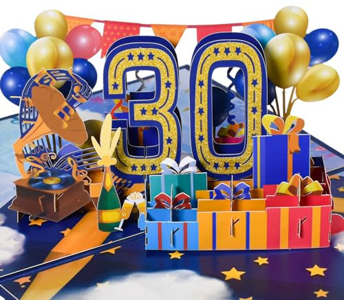 3D Pop-Up Karte 30. Geburtstag oder 30. Hochzeitstag – Festliche Karte mit Ballons, Geschenken, Trompete und Plattenspieler für Jubiläum und Geburtstagsfeier – Perlenhochzeit Pop-Up Karte