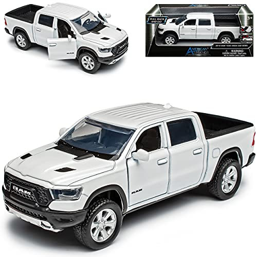 Motormax Dodge Ram 1500 Pick-Up Doppelkabine Weiss 5. Generation Ab 2019 mit Rückzugsmotor ca 1/43 1/36-1/46 Modell Auto mit individiuellem Wunschkennzeichen