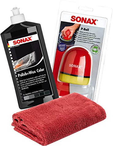 detailmate SONAX Hand Polier Bundle: SONAX Polish+Wax Color schwarz 500ml Politur + SONAX P-Ball ergonomischer Polier Ball + detailmate Edgeless Mikrofaser Poliertuch 550GSM rot