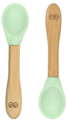 green bandit® Juego de cucharas de bambú para bebé de bambú sin BPA de silicona suave punta (2 cucharas) (verde mar)