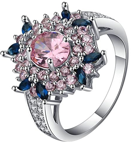Aotiwe Eheringe Unisex, Ring Damen Freundschaft Blume mit Rosa und Blauem Zirkonia Silber Rosa Größe 60 (19.1)
