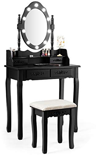 COSTWAY Schminktisch mit Hocker, Frisiertisch mit 360° drehbarem Spiegel & 10 dimmbaren LED Lechten, Kosmetiktisch mit Abnehmbarer Oberteil & 4 Schubladen, 75 x 40 x 146 cm (Schwarz)