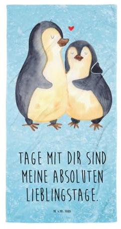 Mr. & Mrs. Panda XL Badehandtuch Pinguin umarmen - Geschenk, Liebesgeschenk, Paar, Badetuch, Hochzeit, Strandtuch, Liebe, Saunatuch, verknallt,