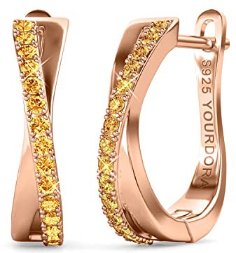 YOURDORA Donna Orecchini a Cerchio Originali in Argento 925 Zirconi Anello Contorto Idea Regalo Gioielli (Oro Rosa - Topazio)