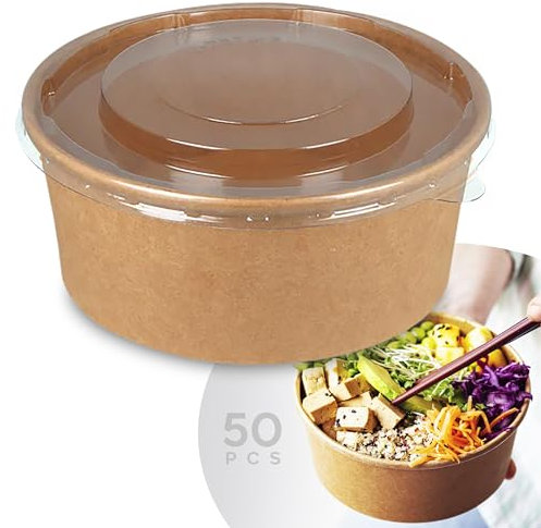 Caffetti Lot de 50 bols en papier de 1 000 ml avec couvercle, bac en carton écologique compostable biodégradable pour emporter restauration nourriture bol poke jetable Ø 14,8 cm