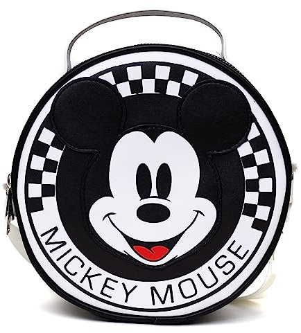 Disney Bag, Cross Body, Round, Mickey Mouse Smiling Face Applique Checker White Black, Vegan Leather, Black, 8.0 x 8.0