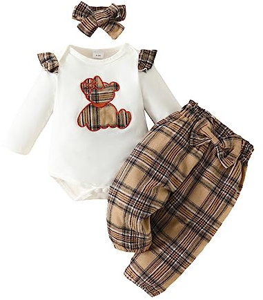 Geagodelia Completini da Neonata Set di Vestiti per Bambina Carina Pagliaccetto con Stampa a Maniche Lunga + Pantaloni con Stampa Floreale + Fascia Antunno e Inverno (A Bianco, 3-6 mesi)