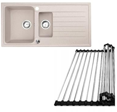 Faizee Möbel Granitspüle 100x50 Hochwertig beidseitig Montierbar Küchenspüle Granit inkl.Siphon Set (Mit Abtropfgitter, Beige)