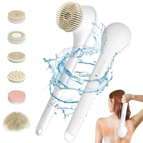 Emooncn 6 IN 1 Eincremehilfe für Rücken, Körperbürste elektrische mit 6 Reinigungsköpfen Rückenbürste Dusche Massagebürste Badebürste mit Langem Stiel für Peeling zum Entfernen abgestorbener Haut