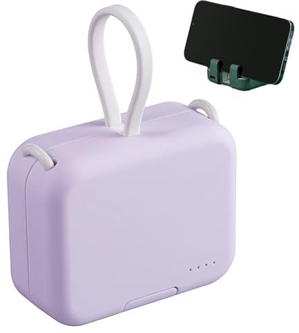 Portable Wireless Charging Treasure Mobile Phone Holder, 4000 mAh Mini Power Bank, Fast Charging, Built-in Cable Phone Holder, Cute Small Portable Charger for Travel (Purple)