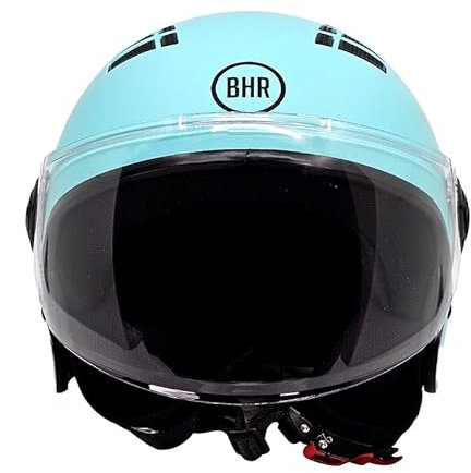 Casque Demi-Jet BHR 834 Flow - Casque Moto d'été Homologué ECE 22.06 avec 16 Trous de Ventilation - Casque avec Visière Anti-Rayures et Fermeture Micrométrique - Céleste Mat M