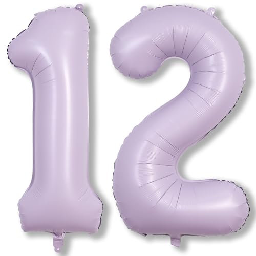 Pastel Purple Birthday Balloon Numbers 12, 40 Inch Giant Light Purple Foil Mylar Number 1 and 2 Helium Balloons for Girls 12th Birthday, Lilac 12 Balloons for Women 21st Anniversary Party Decorations