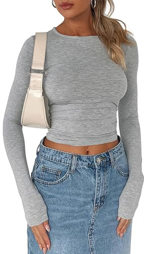 Women's Slim Fit Crop Tops Casual Solid Color Crew Neck Long Sleeve Tight T-Shirt Basic Blouse Tee Tops (W Melange Grey, S)