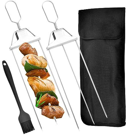 Fourchette de barbecue de 14 pouces en acier inoxydable, avec 1 brosse en silicone et sac de stockage, bâtons de grille semi-automatique 3 griffes, accessoires barbecue (lot de 2 à moins)