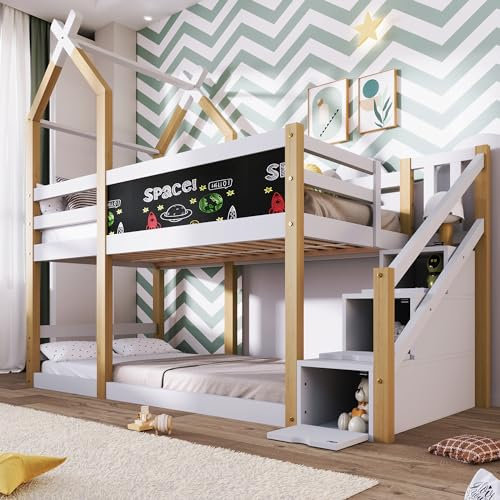 Merax Kinderbett Etagenbett 90x200cm, Hausbett mit Treppe und Schublade, Hochbett mit Rausfallschutz und 2 Lattenrost, Spielbett mit Graffiti-Tafel und Dach, für Junge, Mädchen, Holzbett, Natur & Weiß