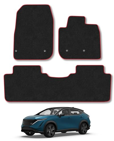 Nissan Ariya (2021+) Carpet Car Mats | Red Edge Trim Tailored Fit Floor Mats Full Coverage Protection Accessories Easy Clean Anti Slip Made in the UK