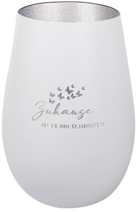 Der-Porzellan-Laden Windlicht mit Gravur Zuhause ist es am Schönsten, Weiß Silber, Teelichthalter aus Glas mit Spruch, Tischdeko modern