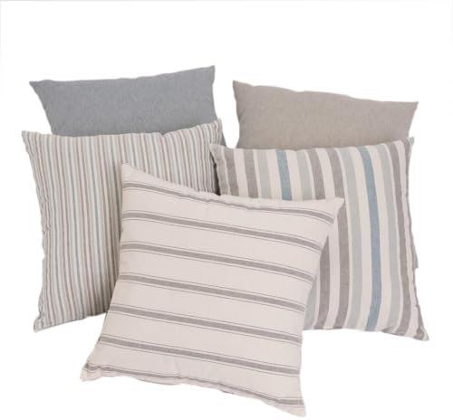 LOLAhome Set de 5 Cojines de Rayas Azul de algodón Natural de 45x45 cm con Relleno