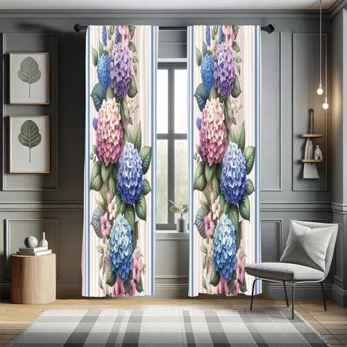 Ambesonne Floral Curtains, Leafy Huddle of Modern Illustrated Hydrangea on Pastel Striped Back, Window Treatments 2 Panel Set for Living Room Bedroom, Pair of - 28 x 63, Rose Lavender Blue Green