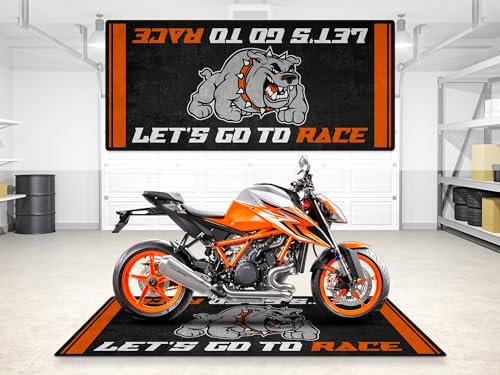 wibeart MPM Motorradmatte für KTM „Bulldog“, waschbar, rutschfest, öl- und wasserabweisend, für Garage, Ausstellungsraum und Werkstatt | Größe 2: 102 x 47/260 x 120 cm
