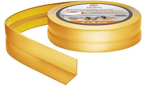 Quest Plinthe Souple Autoadhésive - 15 mm x 15 mm - Bande de finition en PVC pour cuisine, salle de bain - Bande d'étanchéité - Flexible, Etanche, Décorative (Or, 10m)