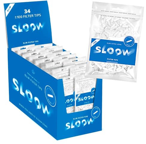 Murago - Sloow 34 x 100er Beutel Extra Long Slim Filter 6mm - (Gesamt: ca. 3400 Stück) Drehfilter Zigarettenfilter Eindrehfilter Lang Blau