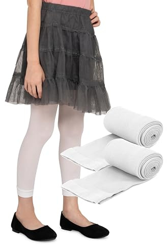 LORES Leggings per Bambine Lunghezza 7/8 alla Moda Senza Piedi Eleganti Pantaloni per Bambini Sport Balletto Yoga Ginnastica Gonna Vestito Alice, Confezione da 2 Bianco 146/152 cm (11/12 Anni)