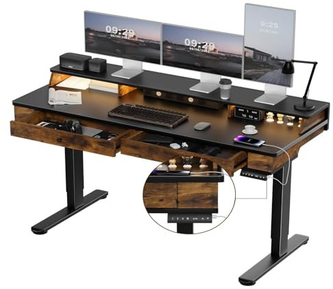 Airfish Höhenverstellbarer Schreibtisch 160 x 60 cm mit 5 Schubladen, Elektrisch Höhenverstellbarer mit Ablage, Sitz-Steh-Schreibtisch mit Speicherplatz, Computertisch 3-Funktions-Memory, Schwarz