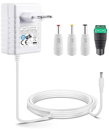 VOLTKARE 12V 1A Netzteil, 12W Transformator AC 220-240V auf DC 12V Transformator, EU-Stecker mit 4 DC-Steckerspitzen für LED-Streifen, CCTV-Kamera, Radio, Gehäuse, Lüfter, Route