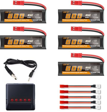 VICMILE 3.7V Lipo Akku 600mAh with JST Plug 1S 25C RC Battery with X5 Battery Charger Fit for UDI U817 U817A U818A V959 V222 V929 RC Drone Quadcopter 5PCS