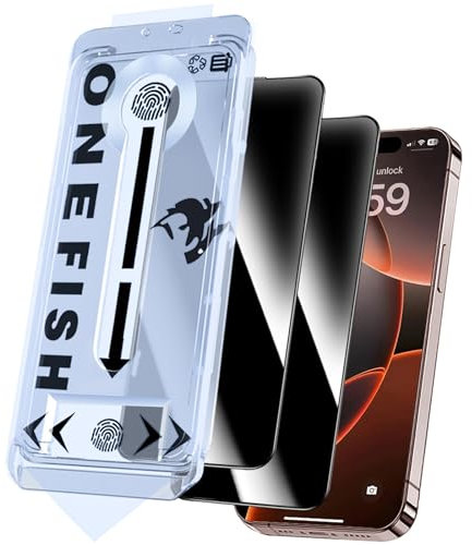 OneFish Screen Protector Privacy for iPhone 14Pro/15, Anti-Spy Tempered Glass Private, Edge Protection Screen Protector with Installation Frame, 9H Glass Scratch Resistant,2Pack.