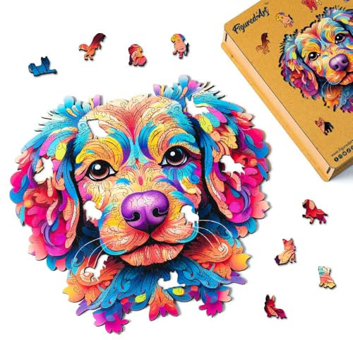 Figured'Art Holzpuzzle Erwachsene und Kinder 200 Teile Tiere - Buntes Hundeporträt - Originelles Design 29x27,5 cm Einzigartige Form mit Premium-Holzkiste