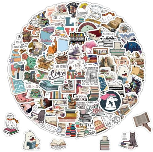vcsjw 100 Stück Bookish Sticker,Book Sticker,Buch Lesen Vintage Aufkleber,Buch Sticker,wasserdichte Vinyl Reading Aufkleber für Wasserflasche Laptop Tagebuch Scrapbook Skateboard