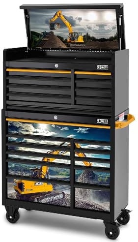 JCB 42’’ 11 Roller Cabinet and 8 Drawer Top Tool Chest Stack with Excavator Wrap