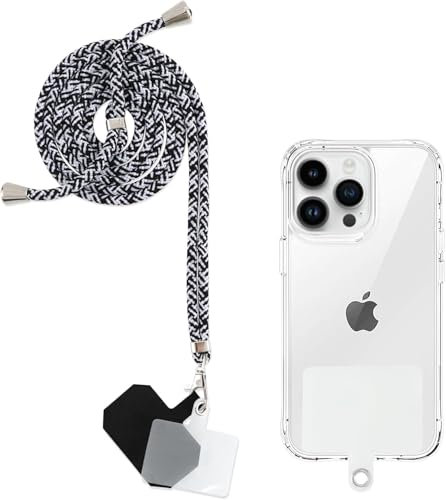 Yoedge Cordon Telephone Portable, Tour de Cou Telephone Universelle avec 2 Patchs, Réglable Collier Lanière Téléphone en Bandoulière en Nylon Adaptée à la Plupart des Smartphones,02-Blanc Noir