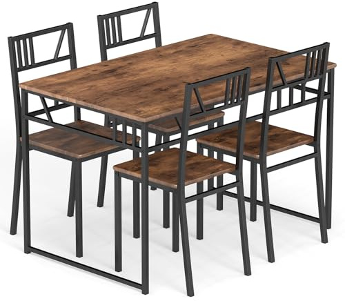 COSTWAY Dining Table and Chairs Set 4, Wood Effect Rectangular Kitchen Table and 4 Chairs with Curved Back, Metal Frame Space Saving Home Dining Room Furniture Set (Brown)