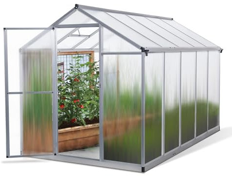 Invernadero de jardín de aluminio de 5,9 metros cuadrados, base de 302 x 190 cm, paneles de 6 mm, versátil casa para plantas tempranas iniciador de plántulas tempranas, cultivador de tomates, refugio