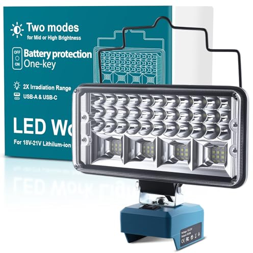 Tumnatt Cordless LED Work Light for Makit a 18V Battery,92W 8000LM,Wide Beam Flood with Power Protection Switch,USB & Type-C Fast Charge, Job Site Lighting for Emergency Workshop Garage(No Battery)