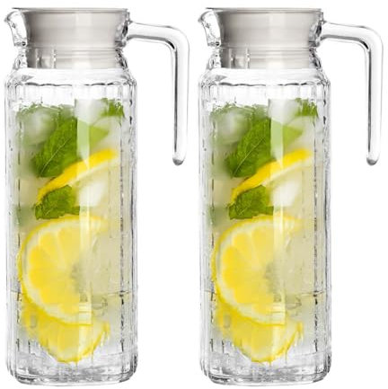 UNIQUE HOME LIVING Water Jugs for Fridge, Set of 2 Glass Jug with Lid, Glass Carafe for Cold Water Iced Tea Coffee Milk & Juice, Jug Pitcher Ribbed Design with Lid, Spill-Free Spout, 33oz / 1 Litre