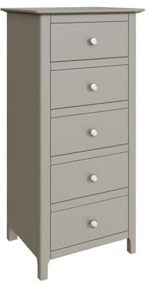 FWStyle Palma Grey 5-Drawer Tall Slim Chest of Drawers – Fully Assembled Narrow Storage Unit with Smooth-Glide Drawers & Brushed Metal Handles – Compact Bedroom Furniture
