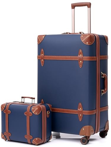 urecity Valise Vintage Voyage, Koffer Rétro avec 4 roulettes, Trolley Léger à Coque Rigide (Bleu, S(14)+XL(28))