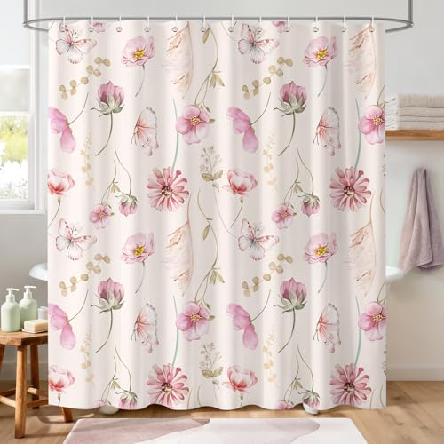 Hopomoon Tenda Doccia Rosa 180x180 cm – Tenda Bagno con Motivi Floreali e Stampe Botaniche in Stile Boho, in Poliestere Impermeabile e Lavabile Include 12 Ganci