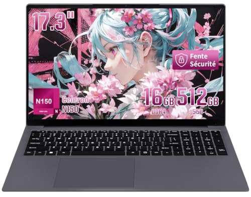 Ordinateur Portable 17,3 Pouces N150, Windows 11 Pro,16Go DDR4 RAM 512Go SSD, Écran FHD IPS 1920×1080, PC Portable 1,98kg, Avec une protection de clavier AZERTY en français, Batterie 6000mAh, Gray