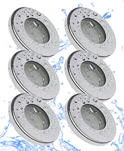 Trango 6er Set IP44 LED Badeinbaustrahler 6729IP-068MOSD aus Edelstahl poliert in Rund incl. 6x Ultra flach 3 Stufen dimmbar LED Modul nur 3cm Einbautiefe für Bad, Außen, Deckenstrahler, Einbauspot