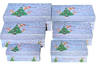 Geschenkebox 6 TLG Rentier Christbaum Boxenset Geschenkeschachtel rechtechig stapelbar wiederverwendbar L