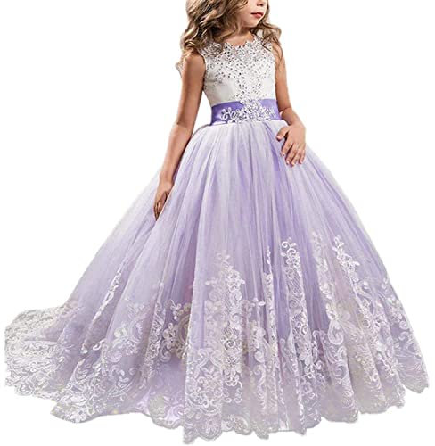 TTYAOVO Filles Sol Longueur Dentelle Princesse Mariage Robe Tulle Robe (Taille130) 6-7 Ans 406 Violet