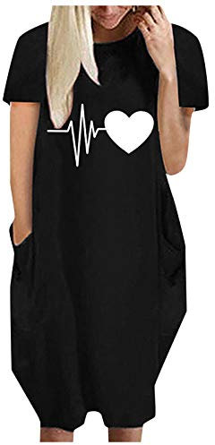 VEMOW Damenmode Tasche Lose Kleid Damen Rundhalsausschnitt beiläufige Tägliche Lange Tops Kleid Plus Größe(B-Schwarz, 54 DE / 4XL CN)