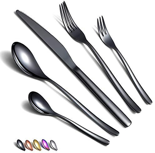 Juego de cubiertos negros de 30 piezas,juego de cubiertos negros de acero inoxidable,juego de cubiertos negros chapados en titanio,juegos de utensilios negros Juego de servicio para 6(negro brillante)
