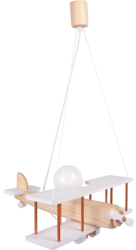 HELLUX Kinderzimmer Lampe Decke aus Holz | Deckenleuchten für Kinder | Kinderlampe Decke 75x42x45cm für Babyzimmer | Flugzeug Lampe E27 ohne Leuchtmittel (Weiß/Naturholz)